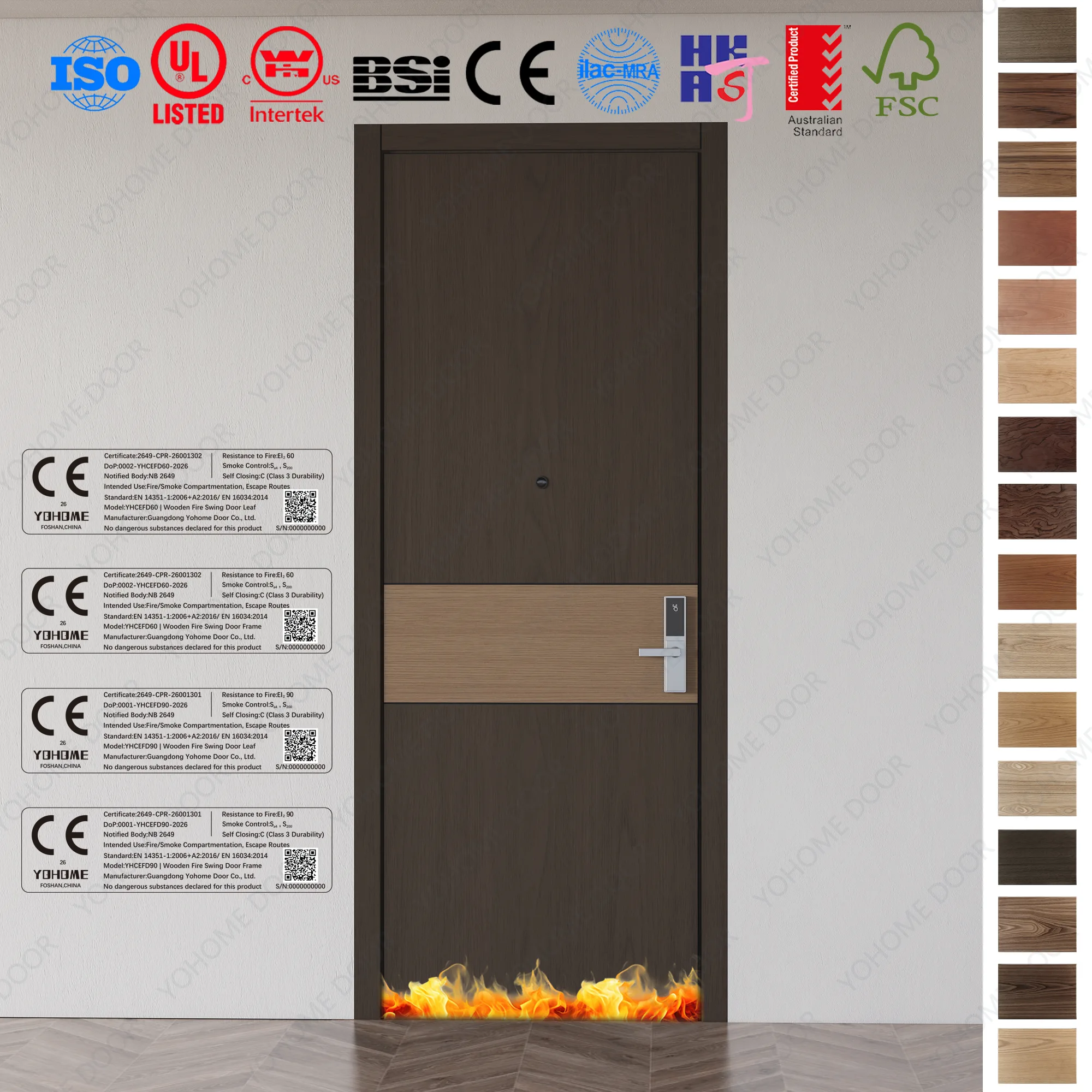 Custom Fire Rated Door for hotel projects, CE certified to EI90.